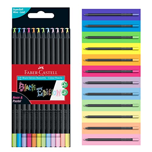Faber-Castell 116410 - Matite Colorate Black Edition, Colori Neon E Pastello, Confezione Da 12 Matite
