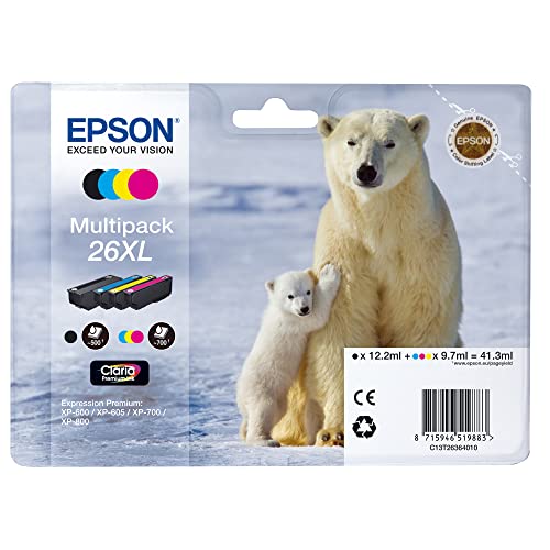 Epson C13T26364010 - Cartucce D'Inchiostro Originali 26Xl, 4 Colori Assortiti, 12,2-9,7 Ml (Bianco-Nero), 500-700 Pagine (Bianco-Nero) (4 Pezzi), Rice