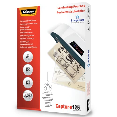Fellowes Fogli Per Plastificatrice A4, Buste Per Plastificatrice Formato A4, 125 Micron, Confezione Da 100 Pouches Per Plastificare