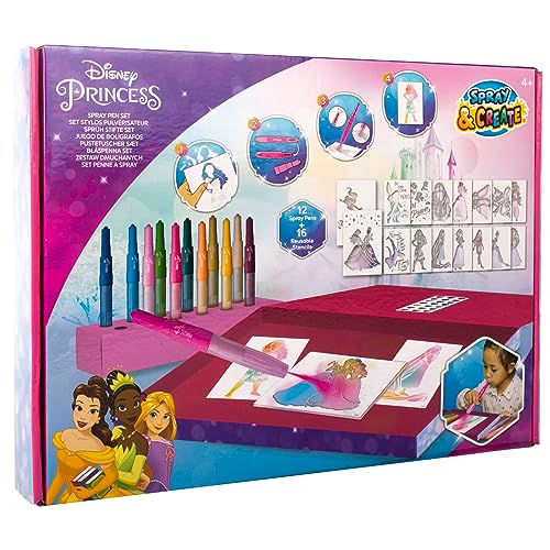 Disney Princess - Spray Pen Set Deluxe - Set Di Penne Spray - Penne Da Colorare Per Bambini - Set Da Disegno Con Penne A Soffio (Brush Pen) E Pagine D