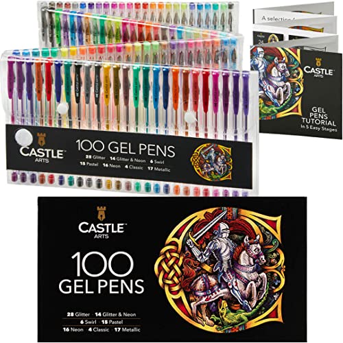 Castle Art Supplies Set Di 100 Penne Gel Colorate Per Adulti | In Cofanetto | Disegni, Album, Diari | Fantastici Colori A Effetto (Spirale, Glitter, N