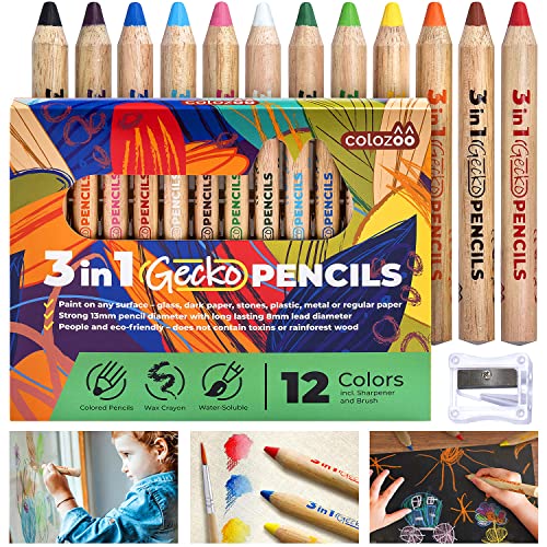 Colozoo Matite 3 In 1 | Set Da 12 Colori Con Pennello E Temperamatite Inclusi | Colori Atossici E Vegan Per Tutti A Partire Da I 3 Anni Di Età