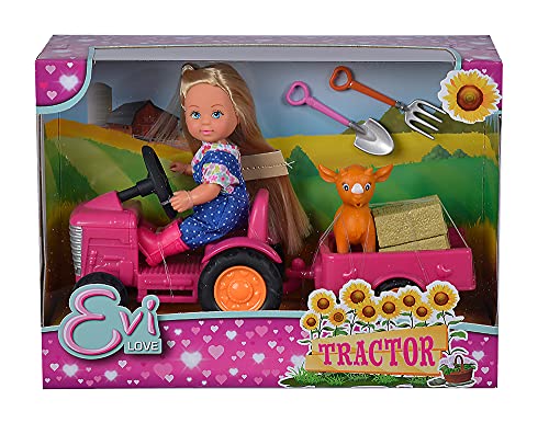 Simba 105733518 - Bambola Evi Love Tractor, Con Ciondolo, Animale, Pallina Di Fieno, Pala E Forchetta, 12 Cm, Adatta Per Bambini Dai 3 Anni In Su
