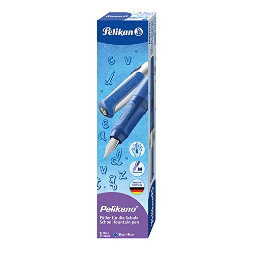Pelikan 802901 Penna Stilografica A Cartuccia, Fusto Blu, Pennino M, Grip Antiscivolo, Impugnatura Ergonomica, Per Destri, Set Scuola, Sistema Antimac