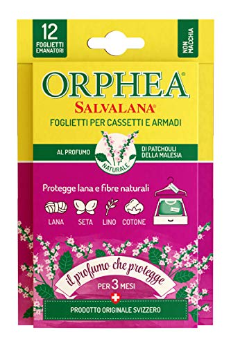 Orphea Salvalana, Foglietti Per Cassetti E Armadi, Protegge Lana E Vestiti Tutta La Stagione, Profumo Di Patchouli Della Malesia, 12 Foglietti Emanato