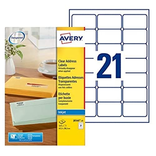 Avery Italia-Zweckform Avery Italia J8560-25 Etichette Adesive Trasparenti, Formato Etichetta 63,5X38.1Mm, 21 Etichette Per Foglio, Adesivo Permanente