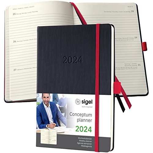Sigel C2408 Conceptum Agenda Settimanale 2024, Circa A5, Nero, Rosso, Copertina Rigida, 2 Pagine = 1 Settimana, 192 Pagine