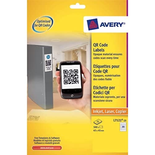 Avery L7121-25 - Etichette Per Codice Qr (A4 Fogli Da 45 X 45 Mm, 20 Etichette Per Foglio, 25 Fogli), Colore: Bianco