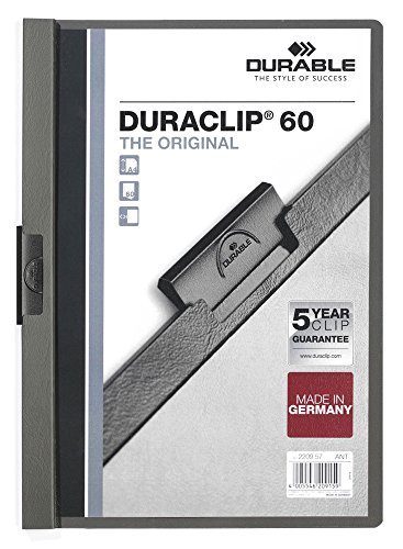 Durable 220957 Duraclip 60, Cartellina Con Clip Per Archiviare Documenti, Capacità 1 - 60 Fogli, Formato A4, Confezione Da 25 Pezzi, Antracite