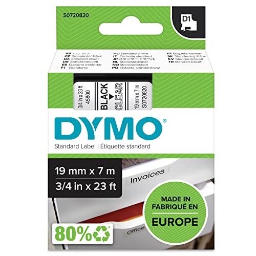 Dymo D1 Etichette Autoadesive Per Stampanti Labelmanager, Rotolo Da 19 Mm X 7 M, Stampa Nero Su Trasparente, 1 Pezzo S0720820