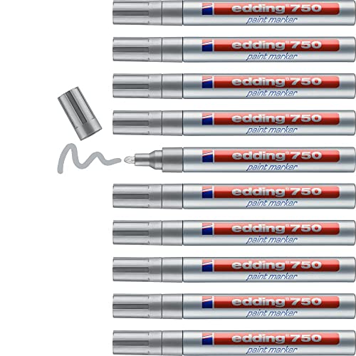 Edding 750 Marcatore A Vernice, Argento, 10 Penne, Punta Tonda 2-4 Mm, Per Marcare Ed Etichettare Metallo, Vetro, Rocce, Plastica, Resistente Al Calor