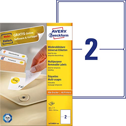 Avery Zweckform L4743Rev-100 - Etichette Universali, 100 Fogli, 200 Etichette, 199,6 X 143,5 Mm, Colore: Bianco