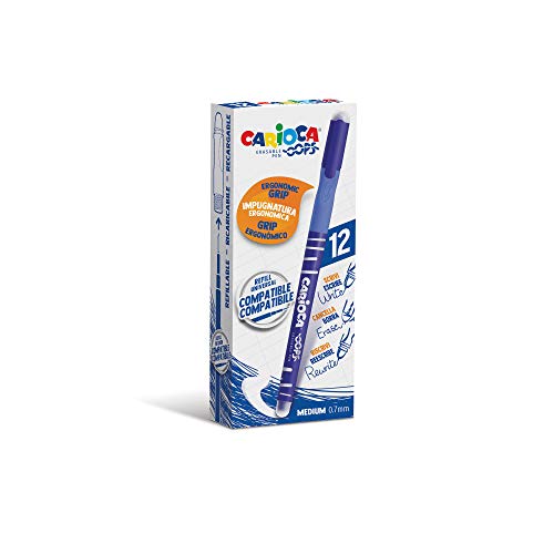 Carioca Oops Penne Blu | Set Penne Cancellabili Ricaricabili Per Scuola E Ufficio Con Cappuccio, Doppia Gomma E Impugnatura Ergonomica, Penne Blu, 12