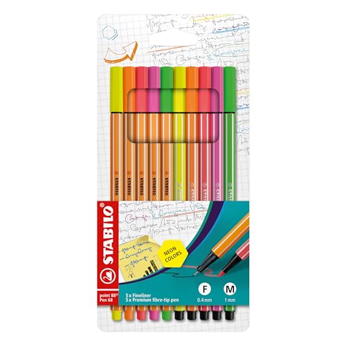 Fineliner & Pennarello - Stabilo Point 88 + Pen 68 - Astuccio Da 10 - Colori Neon Assortiti