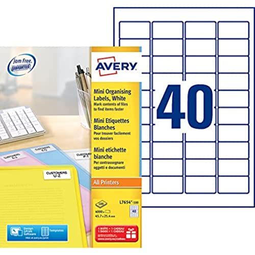 Avery L7654-100 White Mini Label - Laser 100 Fogli/4000 Etichette, Colore Bianco