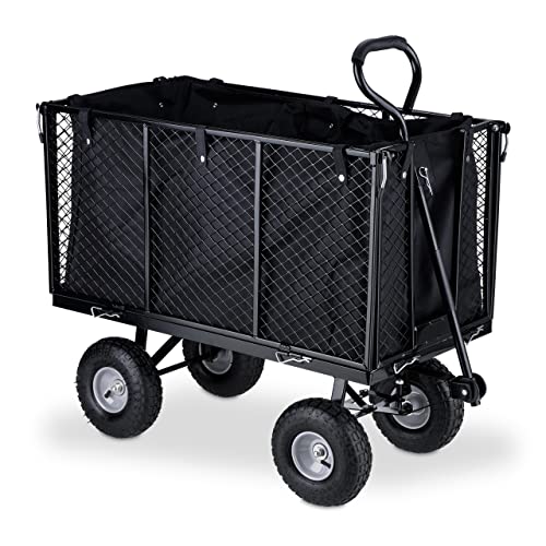 Relaxdays Carretto Da Giardino, Carrello Con Sponde Pieghevoli, Telo Estraibile, Con Manico, Fino A 500 Kg, Nero Grigio