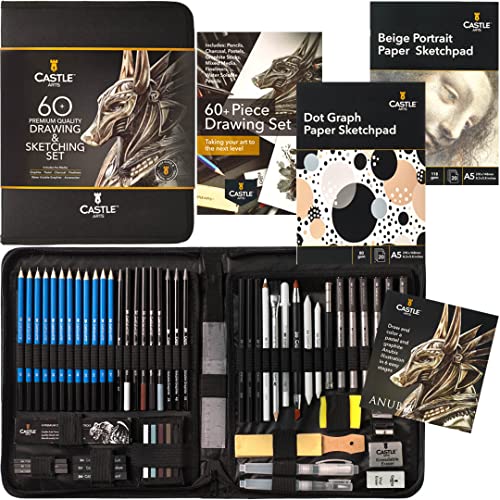 Castle Art Supplies Set Da 60 Pezzi Di Disegno E Disegno | Grafite, Matite Solubili In Acqua + Bastoncini, Fineliners | Per Artisti Professionisti E A