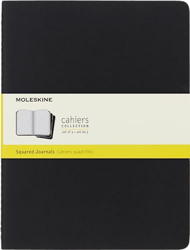 Moleskine Cahier Journal, Set 3 Quaderni Con Layout A Quadretti Per Appunti, Copertina A Tinta Unita In Cartoncino E Cucitura A Vista, Colore Nero, Di