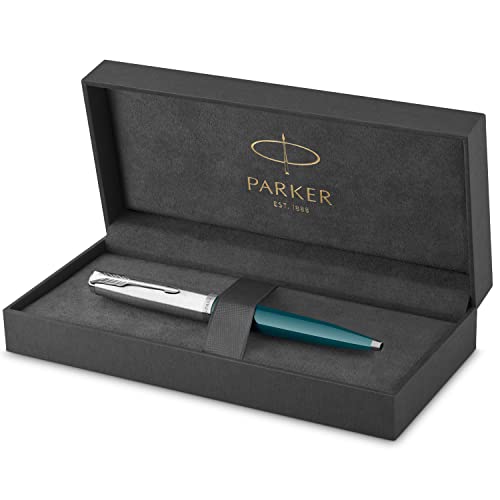 Parker 51 Penna A Sfera, Corpo Blu Foglia Di Tè Con Finiture Cromate, Punta Media Con Ricarica Di Inchiostro Nero, Confezione Regalo