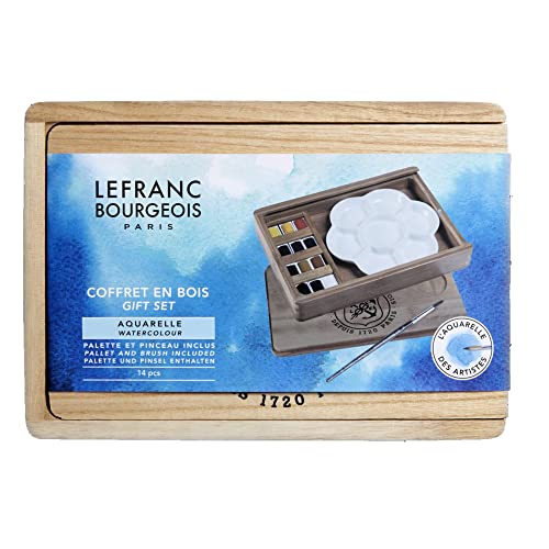 Lefranc & Bourgeois Acquarello Fine Cassetta Legno 12 Mezzi Godet + Accessori, Set Di Colori