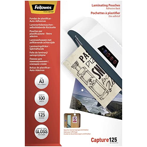 Fellowes 5329001 Pouches A3, Formato A3, 125 Micron, Confezione Da 100 Pezzi, Trasparente