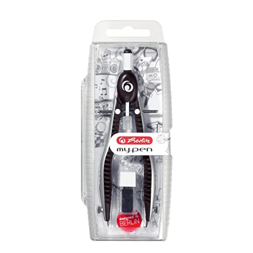 Herlitz Compasso Di Precisione Mypen Balaustrone, Regolazione Tramite Rotella Centrale, 2 Mine E 1 Punta Di Ricambio, Astuccio, Nero / Grigio