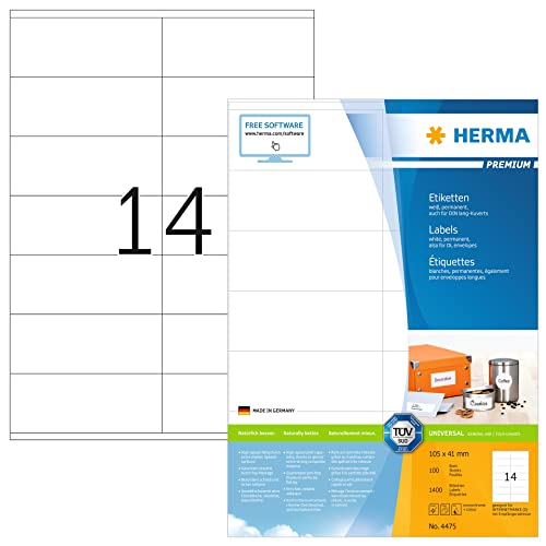 Herma Etichette Universali, 105 X 41 Mm, Etichette Adesive A4 Per Stampante, 14 Etichette Per Foglio, Bianco