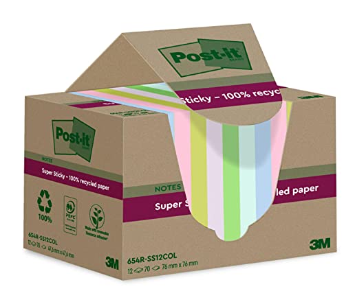 Post-It Foglietti Super Sticky Riciclati, Confezione Da 12 Blocchetti, 70 Fogli Per Blocchetto, 76 Mm X 76 Mm, Rosa, Verde, Blu, Viola, Giallo - Fogli