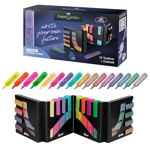 Faber-Castell 254603 - Set Di Evidenziatori Da 16 Pezzi, Set Da Scrivania Con Colori Neon, Pastello E Metallizzati