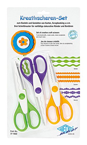 Wedo 771933 Set Di Forbici Creativo, Per Onde, Punte, Merletti, Grandi Maniglie Forate, Contenuto: 3 Pezzi, Set Da 3, 16 Cm Colori Assortiti