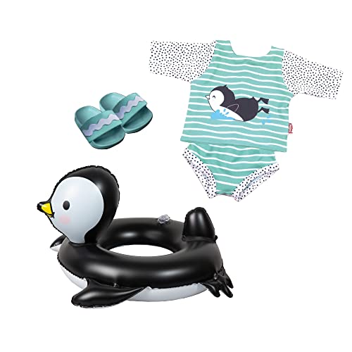 Heless Set Di 11 Pinguino A Pois, 4 Pezzi, Vestito, Pantofole Da Bagno E Anello Da Nuoto, Misura Circa 35 – 45 Cm, Per Divertirsi Nelle Calde Giornate