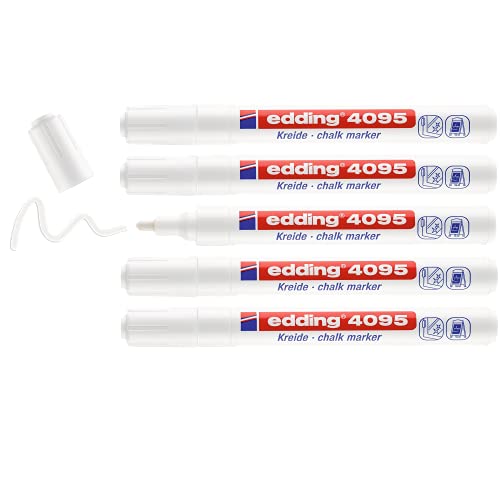 Edding 4095 Marcatore A Gesso Liquido, Bianco, 5 Pennarelli, Punta A Scalpello 2-3 Mm, Punta Larga Per Lavagne, Finestre, Vetri, Specchi, Per Una Cope