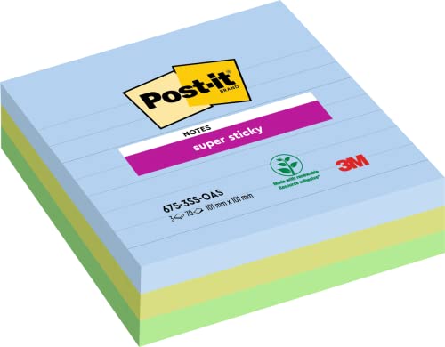 Post-It Foglietti Super Sticky Grandi Formati, Collezione Oasis, Confezione Da 3 Blocchetti, 70 Fogli Per Blocco, 101 Mm X 101 Mm, Colori Azzurro, Ver