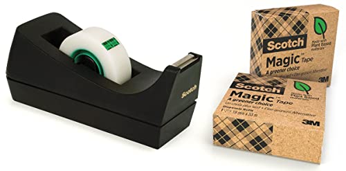 Scotch Dispenser Nero- 100% Plastica Riciclata- Include 3 Rotoli Nastro Adesivo Invisibile Scotch Magic Green, 19 Mm X 33-Multiuso Per Casa, Ufficio E