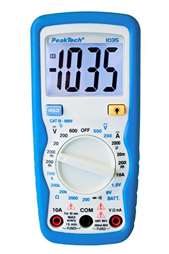 Peaktech P 1035 - Multimetro Digitale Cat Iii Con Spia Luminosa, Tester Batteria, Voltmetro, Multimetro Portatile, Amperometro Elettronico, Tester Di