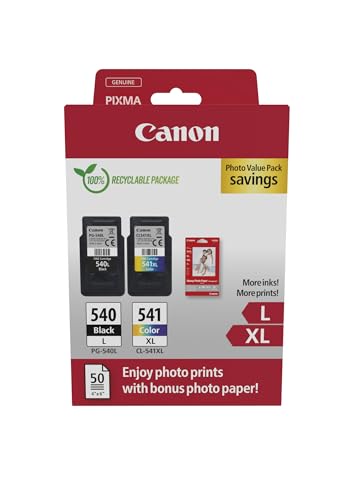 Canon Pg540 L Cl541 Xl Value Confezione Da 2 Cartucce D'Inchiostro (Nero L Colore Xl) +50 Fogli Di Carta Fotografica 10X15Cm Originale, Cartone Ricicl