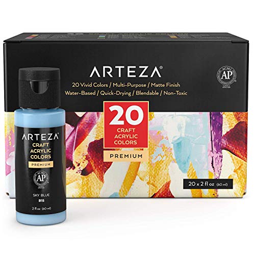 Arteza Colori Acrilici, Bottiglie Da 60 Ml, Set Di 20 Colori Opachi, Pittura Acrilica Per Dipingere A Base D'Acqua, Miscelabili Per Arte E Fai-Da-Te S