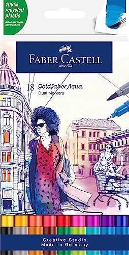 Faber-Castell 164618 - Goldfaber Aqua Dual Marker, Con Punta A Pennello E Punta Fineliner, Confezione Da 18 Pezzi