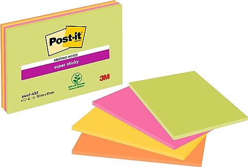 Post-It Foglietti Super Sticky Grandi Formati, Confezione Da 4 Blocchetti, 45 Fogli Per Blocco, 152 Mm X 101 Mm, Colori Verde, Giallo, Arancione, Rosa