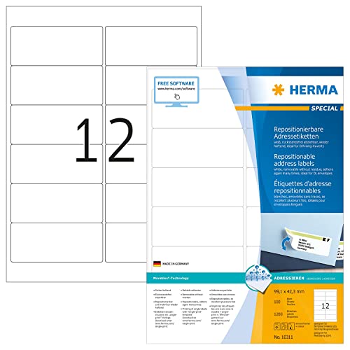 Herma Etichette Staccabili, 99,1 X 42,3 Mm, Etichette Adesive A4 Per Stampante, 12 Etichette Per Foglio, Bianco
