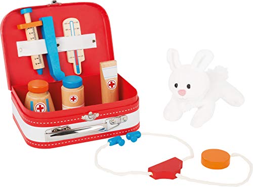 10864 Valigia Del Veterinario Small Foot In Legno, Incl. Accessori (Siringa, Termometro, Ecc.) E Coniglietto Da Coccolare, A Partire Dai 3 Anni Di Età