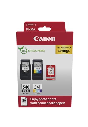 Canon Cartucce D'Inchiostro Originali Pg-540 / Cl-541, Confezione Da 2 (1 Nera, 1 Colorata), Include 50 Fogli Di Carta Fotografica 4X6 - Confezione Mu