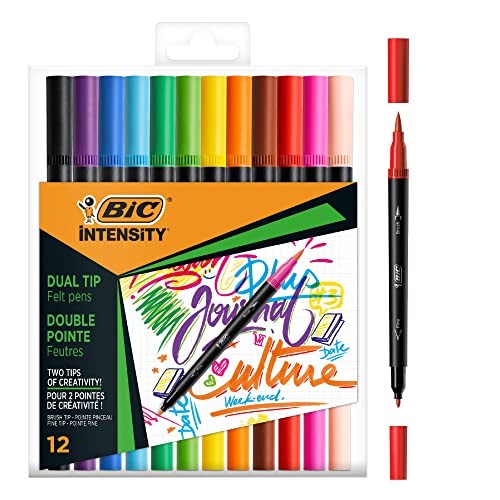 Bic Intensity Dual Tip, Pennarelli Lettering Doppia Punta: Pennarello + Pennello, Colori Assortiti, Scatola Da 12