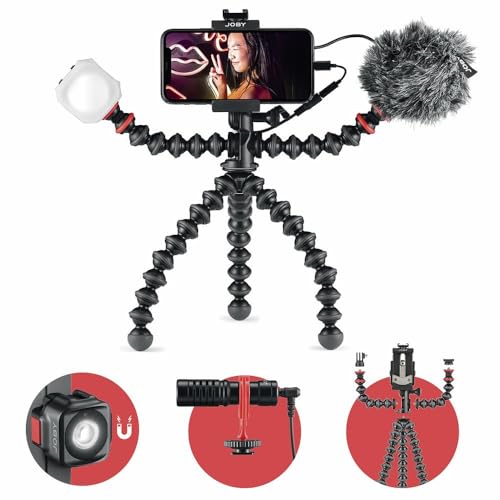 Joby Gorillapod Mobile Vlogging Kit (Supporto Smartphone, Microfono Wavo Mobile, Luce Led Beamo Mini), Treppiede Flessibile, Treppiede Smartphone Con