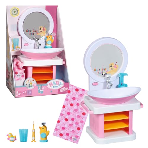 Baby Born Bath Lavandino 832707 - Accessori Di Alta Qualità Con Luci/Effetti Sonori - Include Spazzolino, Tazza, Dispenser Di Sapone, Tappo E Asciugam