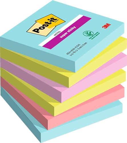 Post-It Foglietti Super Sticky, Collezione Cosmic, Confezione Da 6 Blocchetti, 90 Fogli Per Blocco, 76 Mm X 76 Mm, Colori Turchese, Verde, Rosa. Per A