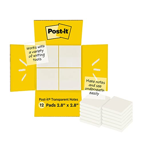 Post-It Foglietti Trasparenti, 12 Blocchetti, 36 Fogli Per Blocchetto, 73 Mm X 73 Mm, Traslucidi - Foglietti Riposizionabili Per Gli Studenti, Per Pre