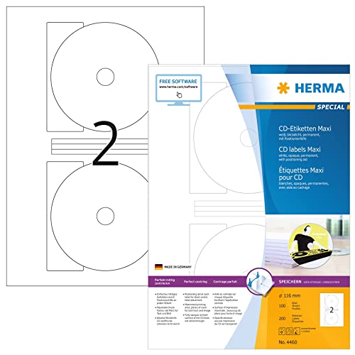 Herma Etichette Per Cd, Ø 116 Mm Maxi, Etichette Adesive A4 Per Stampante, 2 Etichette Per Foglio, Bianco