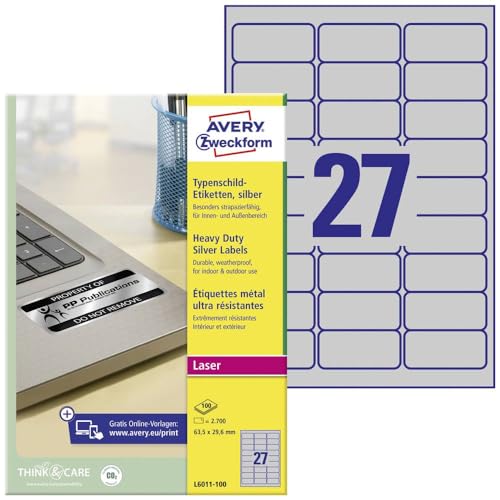 Avery Italia L6011-100 Etichette Ultra Resistenti Poliestere, 100 Ff, 63.5 X 29.6 Mm, Argento, 2700 Pezzi