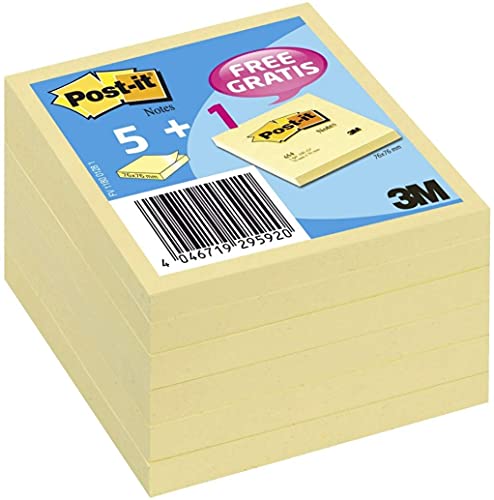 Post-It Foglietti Canary Yellow, Pacchetto Convenienza, Confezione Da 5 Blocchetti + 1 Gratis, 100 Fogli Per Blocco, 76 Mm X 76 Mm, Colore Giallo, Fog